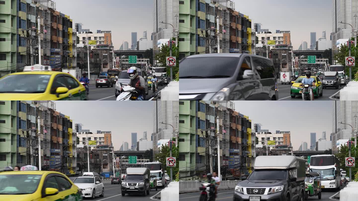 东南亚泰国曼谷市中心街道车流实拍镜头