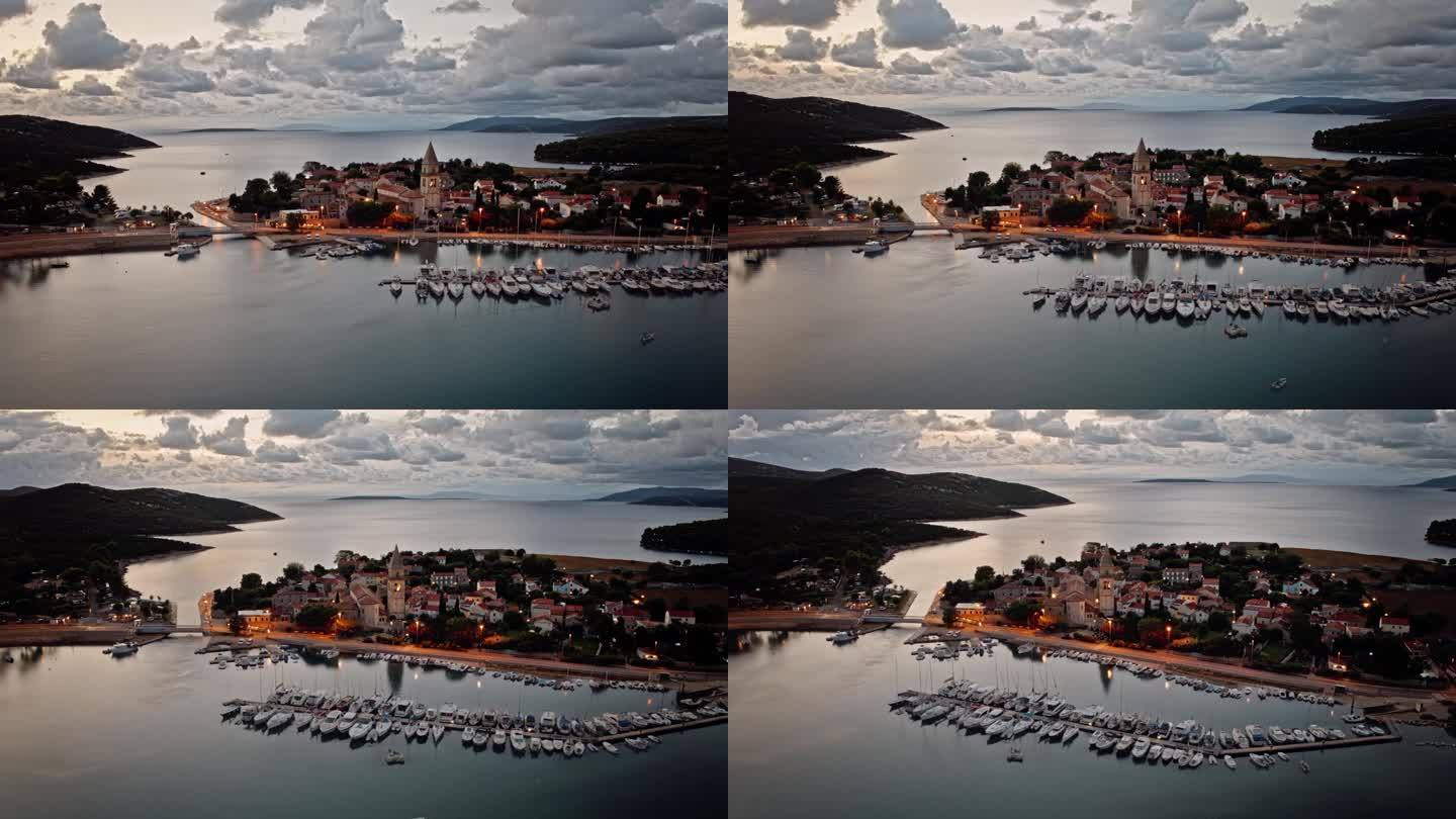 黄昏时分，码头边的克罗地亚沿海村庄，令人惊叹的电影超缩镜头