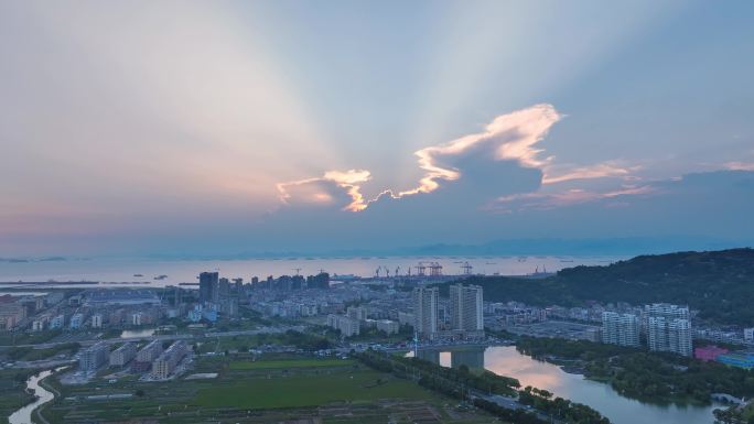 玉环大麦屿街道傍晚日落航拍1