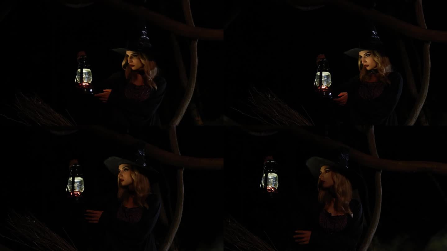 万圣节前夜，女巫提着灯笼在森林里，女巫提着灯笼和魔灯在黑暗的森林里。