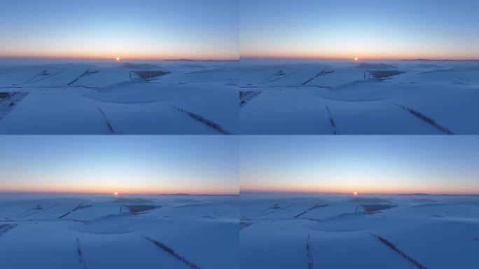 丘陵雪野夕阳