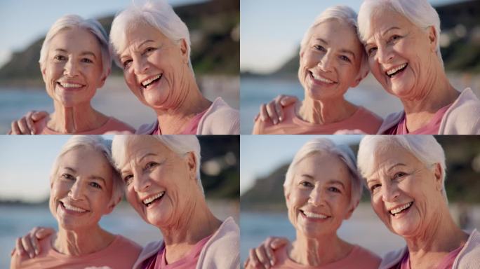 写真、健身和沙滩上的老年妇女一起作为朋友在海边或海边锻炼。健身、养生、微笑与老年人在海边进行自然普拉