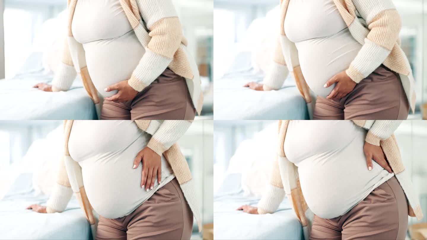 怀孕、背痛和胃痛的妇女在医院咨询、分娩和保健。怀孕，产妇和医疗人员在妇科检查分娩，疲劳或宫缩的特写