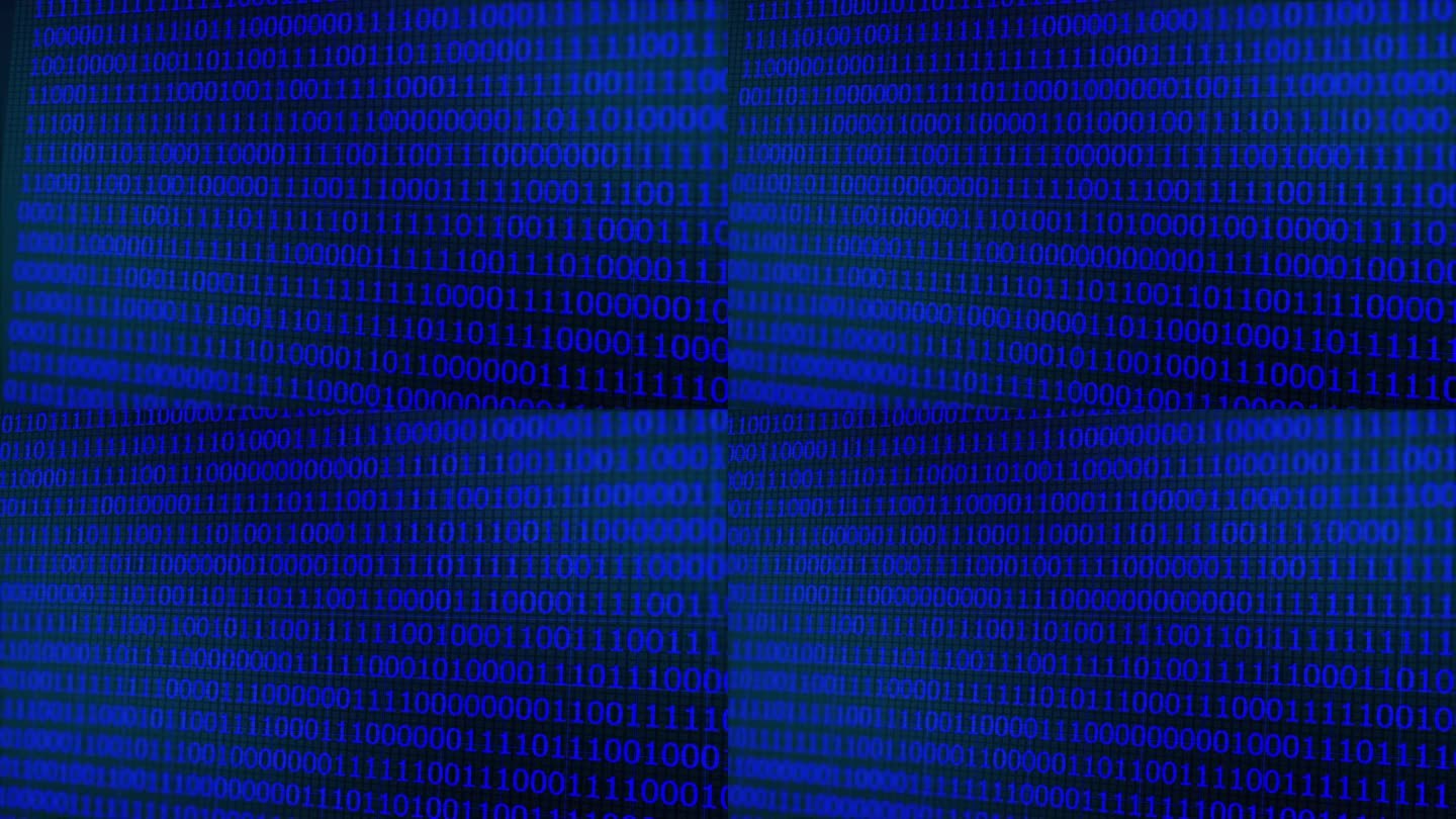 抽象数据概念动画视频。蓝色的未来网络空间。数字二进制编码的历史。以矩阵的方式编写程序。随机丢弃数字。