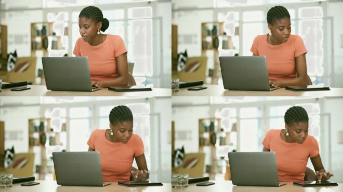 商务女性，笔记本电脑和平板电脑用于市场调研、文案截稿和社交媒体策划。自由职业者或非洲人，在家工作，在