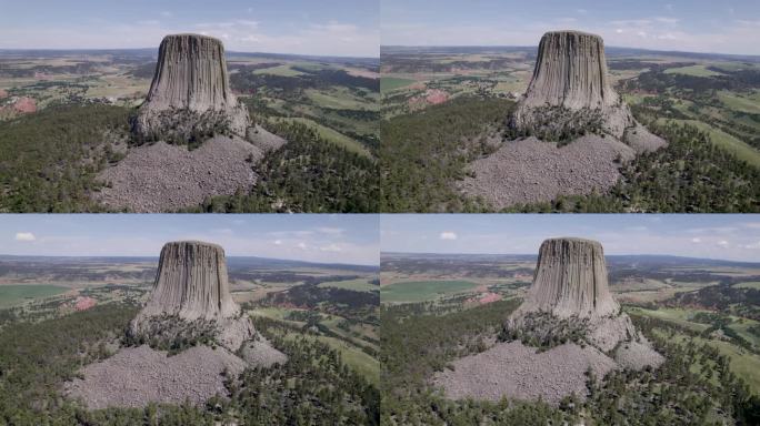 无人机拍摄的魔鬼塔，一个巨大的，巨石，火山坚固的塔，或丘，位于怀俄明州的黑山地区。