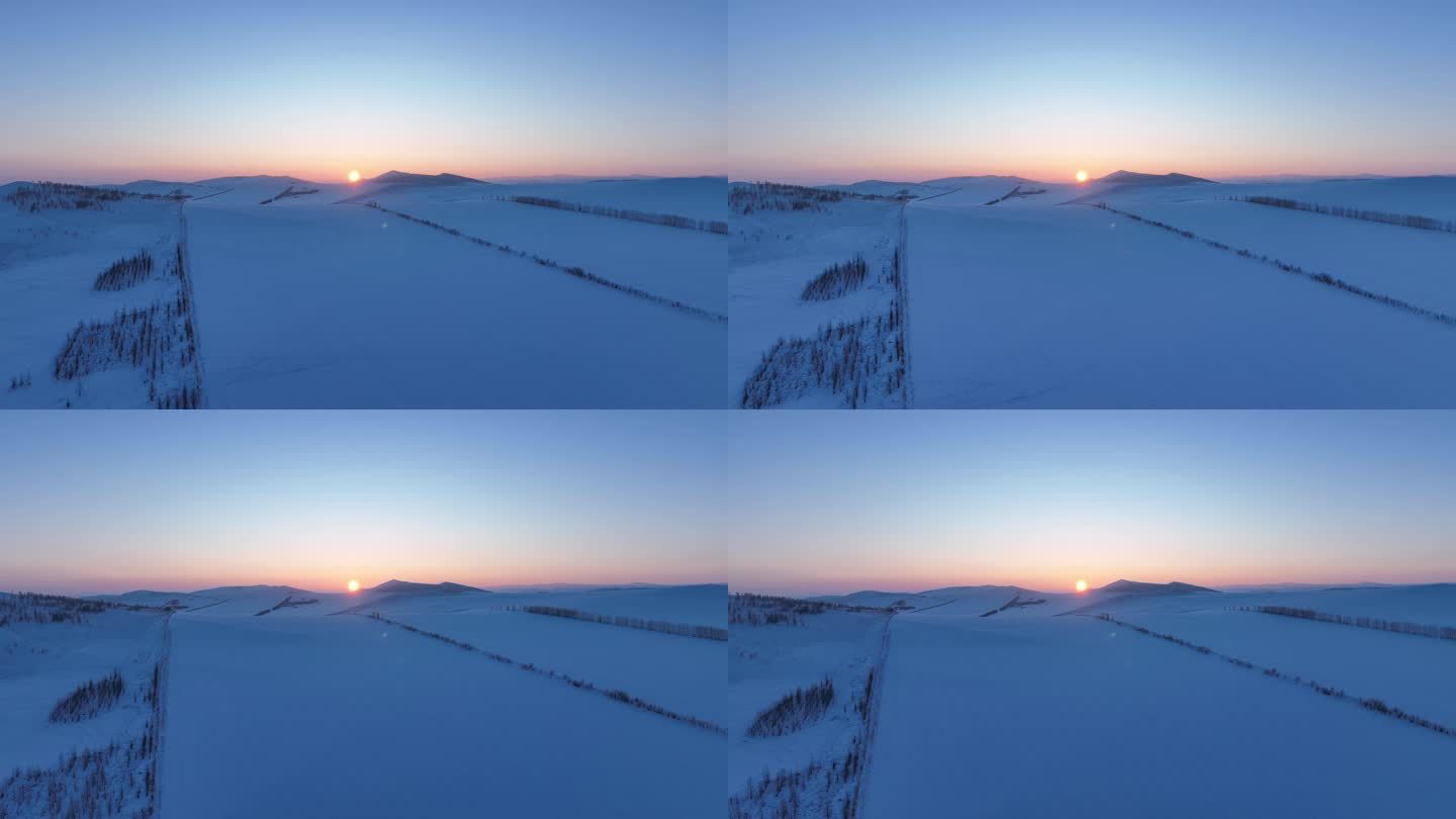 寒冬荒原丘陵雪野夕阳