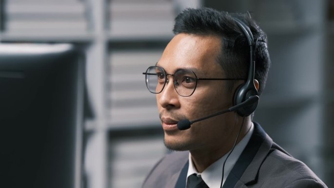 呼叫中心，打字和商务人员在办公室的电脑上为客户服务。电话营销，微笑和男性个人电脑，销售代理或顾问工作