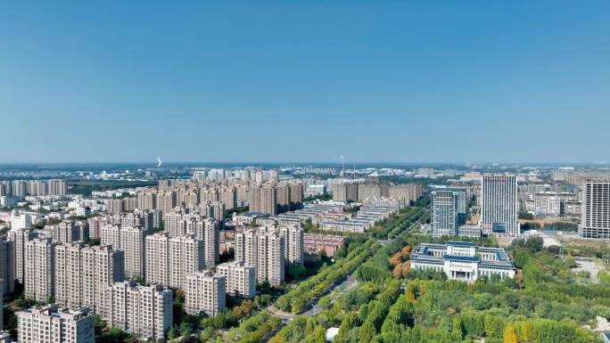 广饶航拍城市风景、道路、车流、楼房、河流