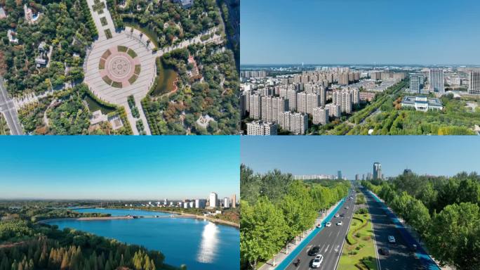 广饶航拍城市风景、道路、车流、楼房、河流