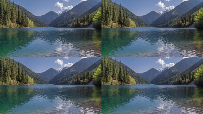 科尔赛湖，哈萨克斯坦。深山湖。美丽的山地自然景观。蓝色的科尔赛湖。自然保护区全景。
