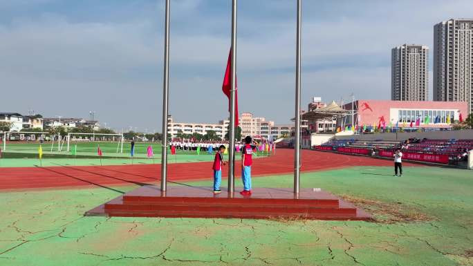 学校运动会现场学生升国旗航拍
