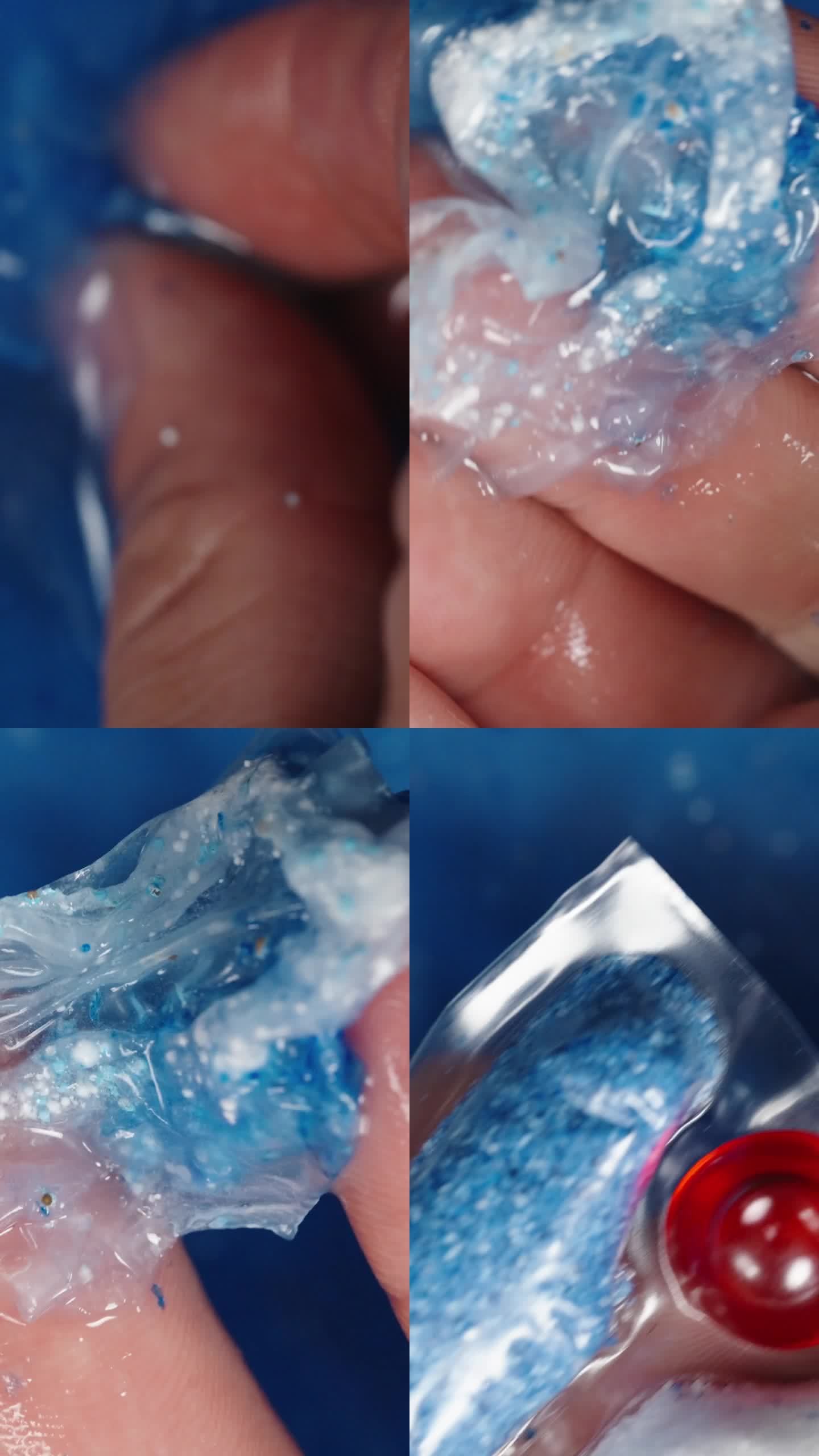 垂直视频。一个可溶解的蓝白粉末包，洗碗机用的，我拿在手里，背景是蓝色的水，其中一个已经溶解了。特写镜