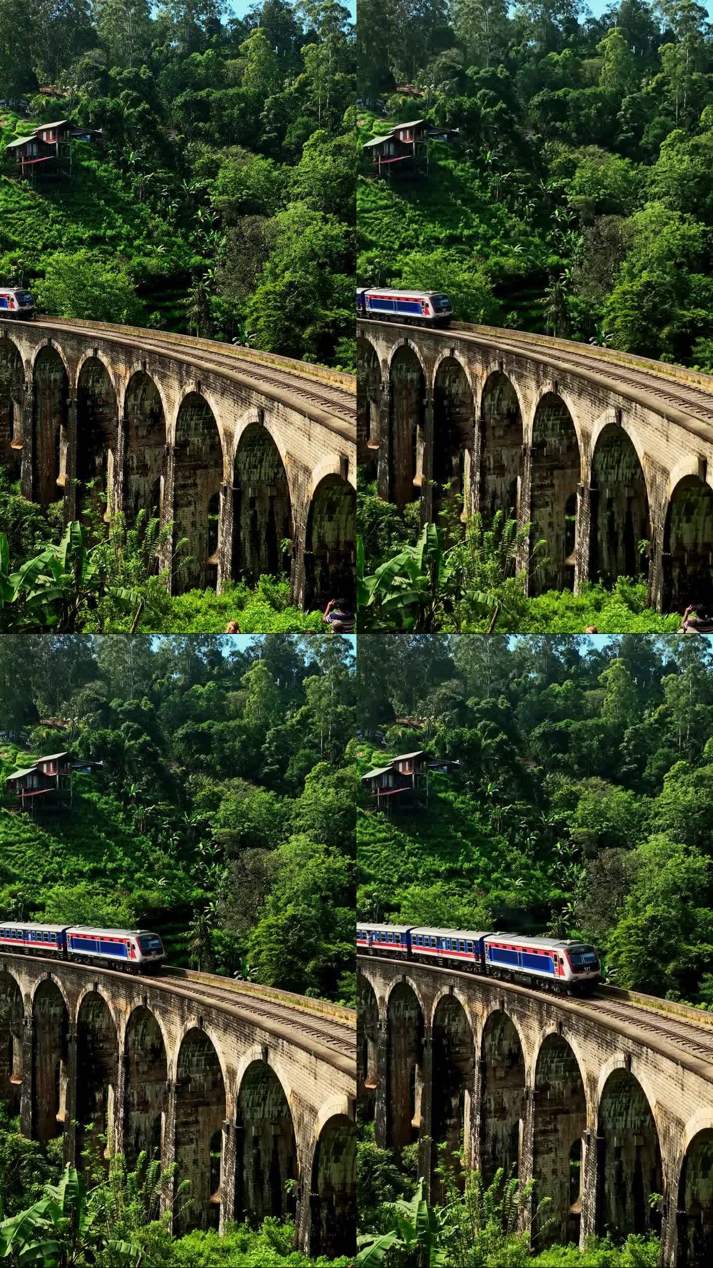 在斯里兰卡埃拉的Demodara，火车在九拱桥上的鸟瞰图