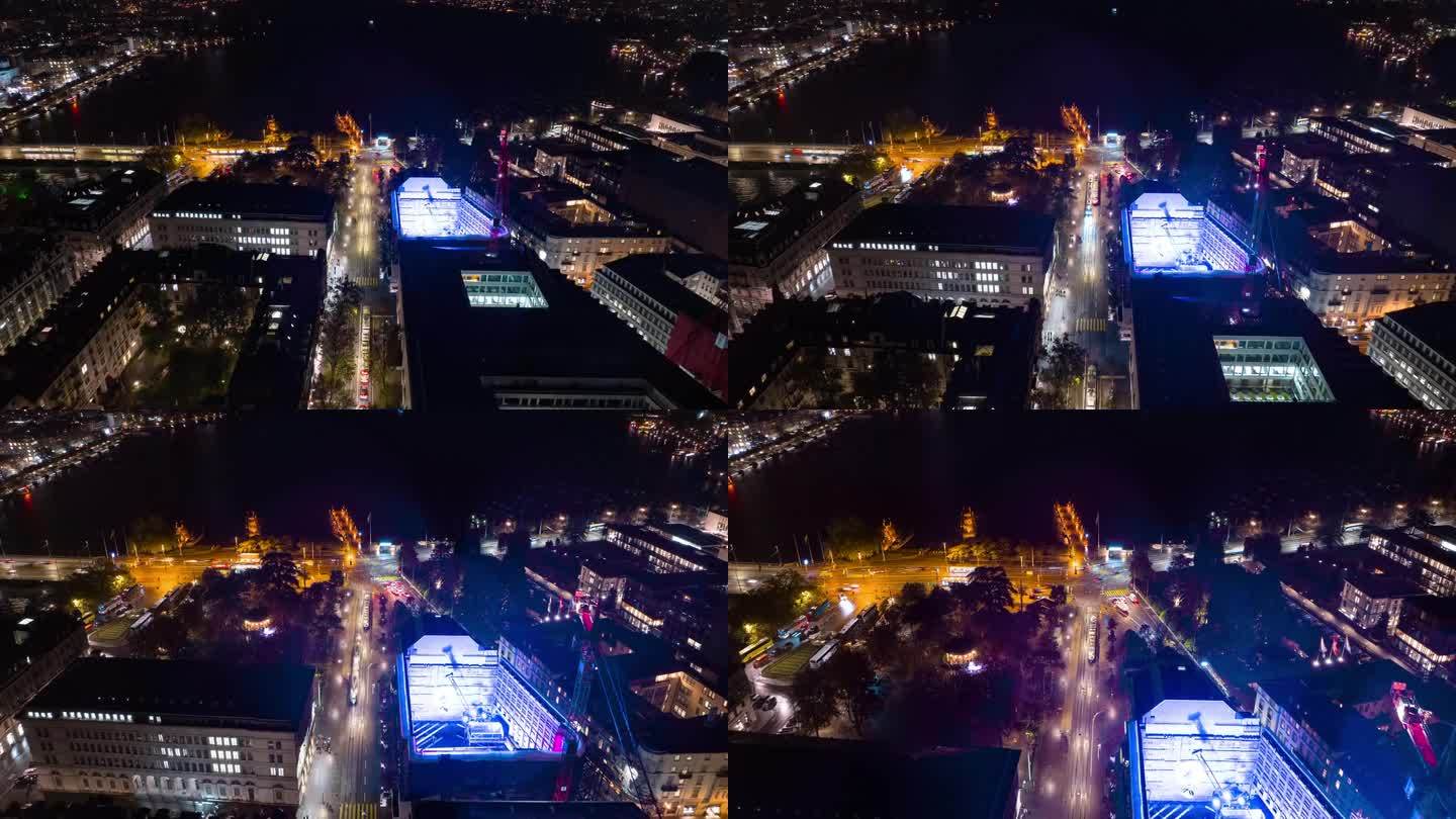 夜间苏黎世市中心湖滨航拍全景延时4k瑞士