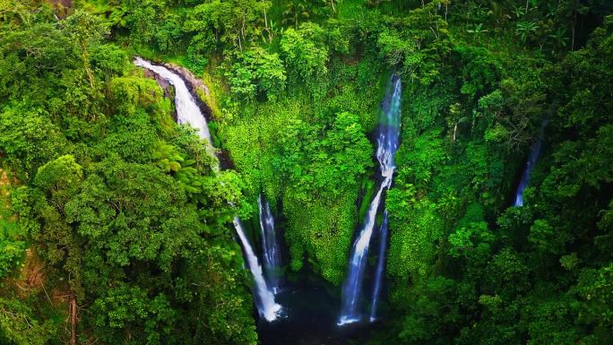 令人叹为观止的斐济瀑布在巴厘岛郁郁葱葱的绿色雨林山谷。