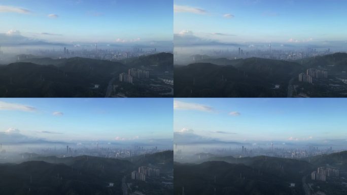 深圳银湖山与远处市区晨雾