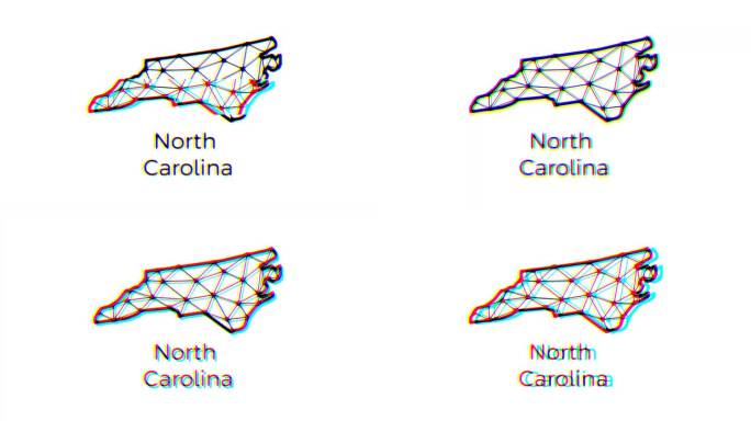 北卡罗来纳州地图动画在多边形风格与故障效果，4k分辨率视频，美国州运动图形