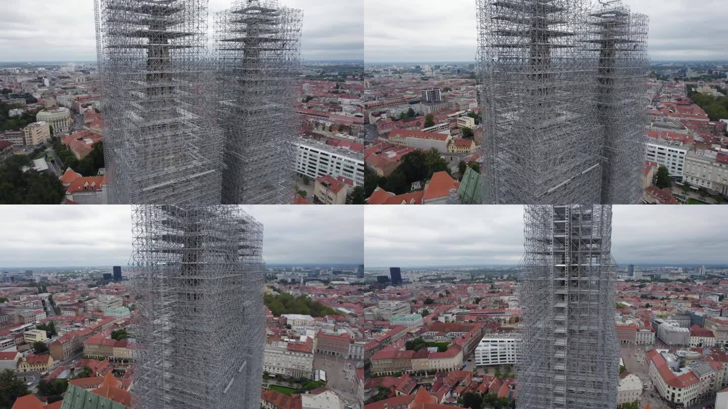 萨格勒布大教堂:正在翻新的塔楼，被脚手架包围——空中轨道