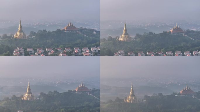 晨雾中的中缅边境瑞丽市和缅甸木姐市