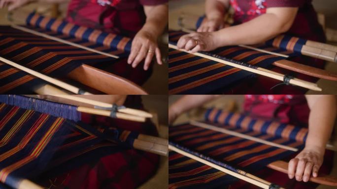妇女手工制作传统托拉加织布纺织品Tenun特写
