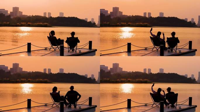 唯美浪漫湖边静静坐着看夕阳西下