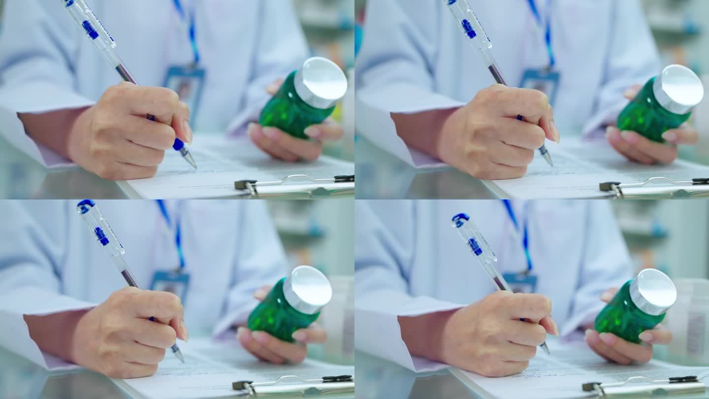 特写女药剂师在纸上手写药品细节。