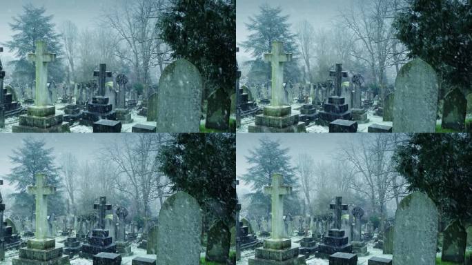 阴天冬天下雪的墓地