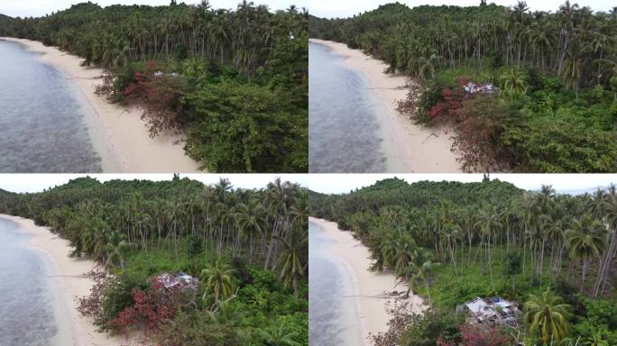 巴顿港热带海滩森林中被台风摧毁的孤立棚屋的残骸。空中