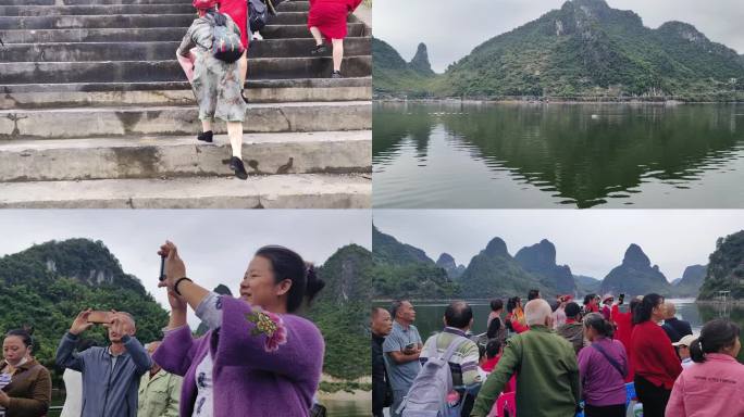 夕阳红旅行社组团漓江游船上开心自拍的游客
