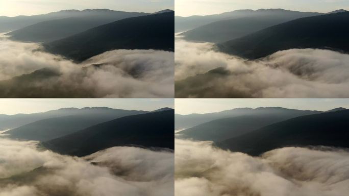航拍山间晨雾