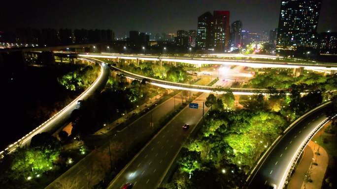 杭州萧山区市心路互通立交桥高架桥车流夜景