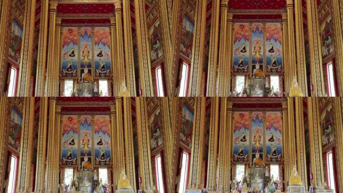 美丽的白色佛像和泰国寺庙大教堂的墙壁艺术