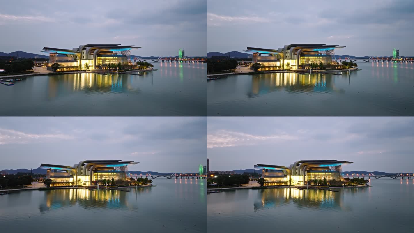 中国江苏无锡大剧院夜景航拍