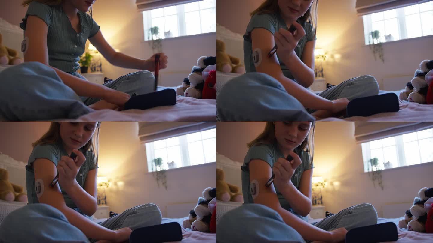一个年轻的糖尿病女孩坐在家里卧室的床上测量胰岛素水平
