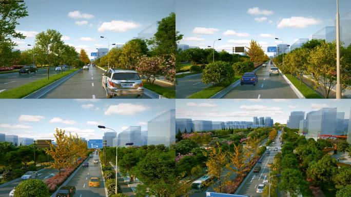 城市道路汽车行驶和景观展示三维动画