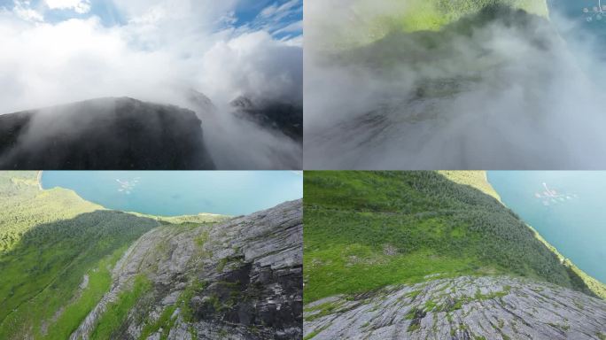 一架FPV无人机大胆地穿过薄雾，从一座巨大的山峰陡峭的垂直表面俯冲下来，捕捉到穿越云层的超现实下降