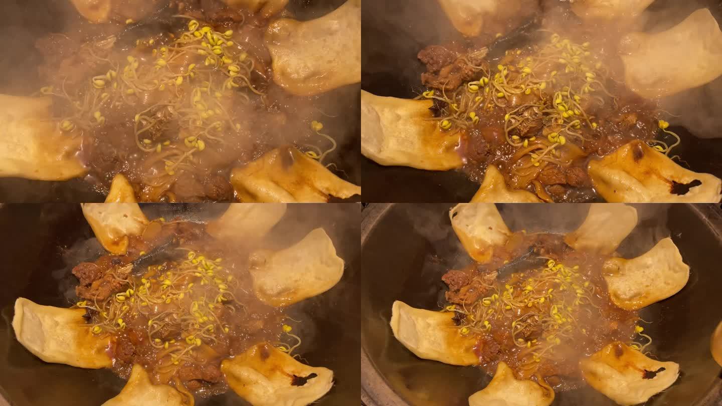 美食地锅鸡锅贴麦饼黄豆芽实拍原素材