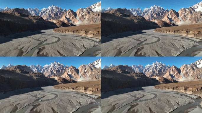 春季喀喇昆仑公路沿线喜马拉雅山脉帕苏山脉和罕萨河鸟瞰图。巴基斯坦北部
