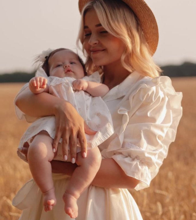 在美丽的夕阳下，一个年轻快乐的白人妇女抱着一个可爱的小女孩。母亲和孩子的剪影。开放领域。农村景观