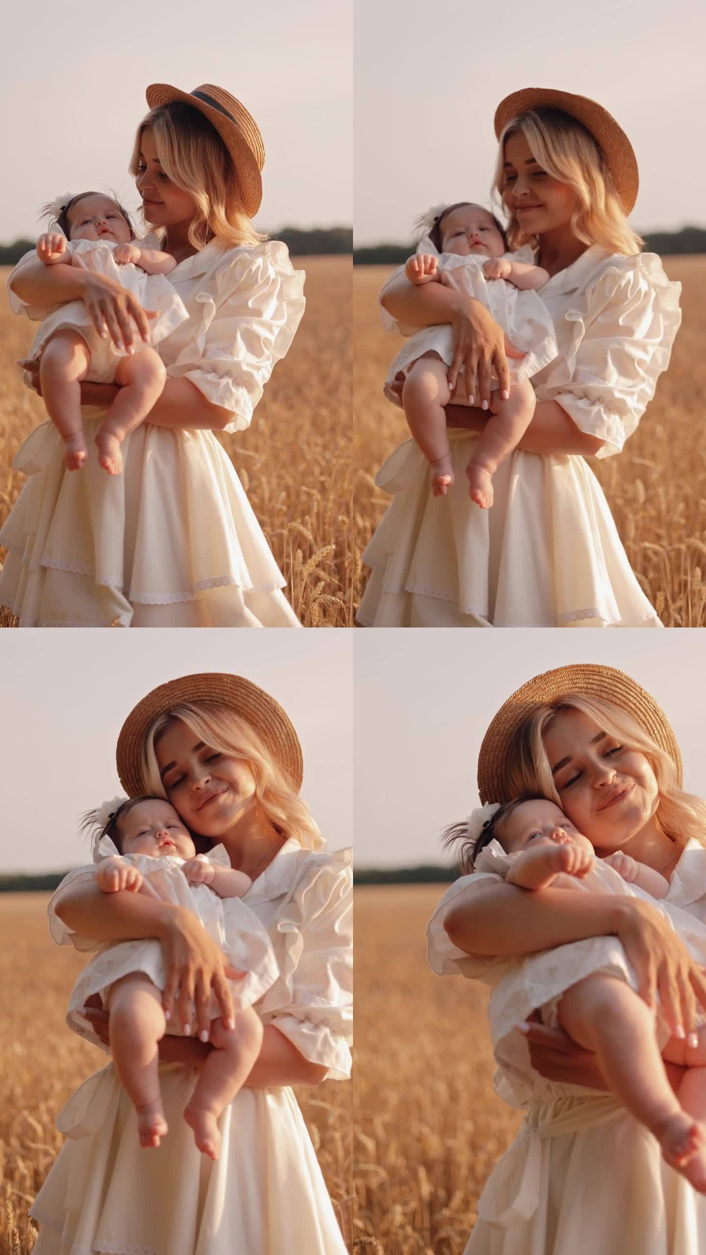 在美丽的夕阳下，一个年轻快乐的白人妇女抱着一个可爱的小女孩。母亲和孩子的剪影。开放领域。农村景观