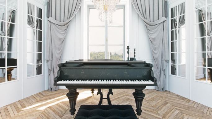 巴洛克风格房间里的复古三角钢琴