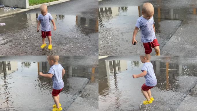 happy toddler child running jumping through puddle