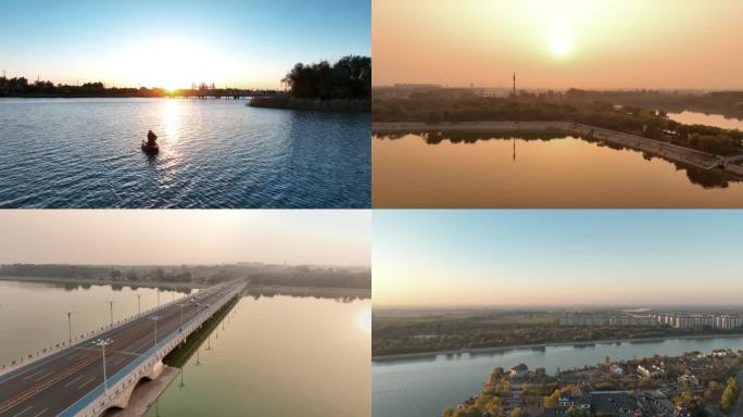 广饶航拍风景、晚霞、河流、小船、小桥