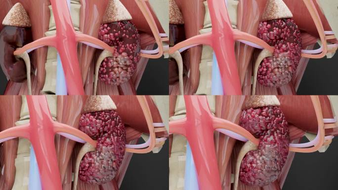 肾癌不同分期，感染，囊肿，复制，细胞扩张，恶性癌，病毒，浸润性炎症转移癌，肿瘤，细胞扩张，3d渲染