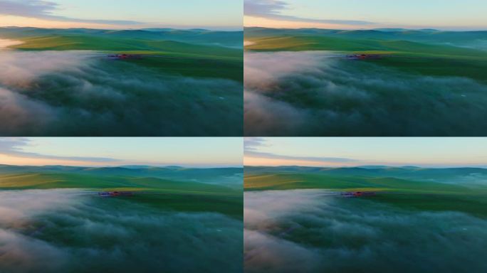航拍呼伦贝尔大草原莫尔格勒河晨雾美景