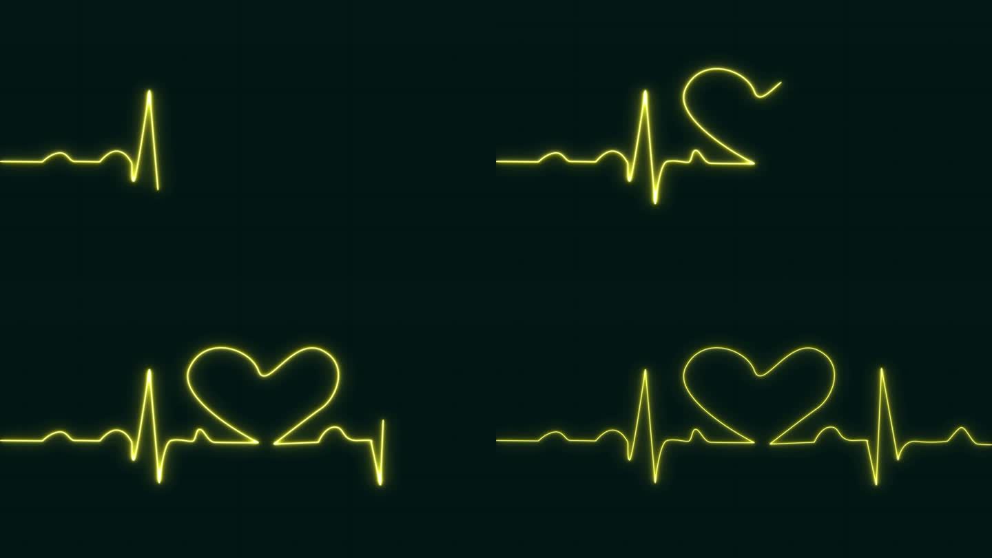 心脏心跳脉搏线发光黄色爱形霓虹灯环动画蓝色网格背景。心电图60 BPM循环屏幕，蓝色带网格。心率监测