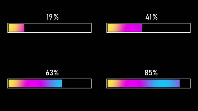 简单的彩色渐变进度或加载器栏动画。加载器条从零到百分之百的黑色背景。4K分辨率动画。