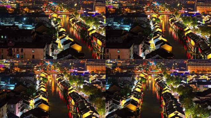 中国江苏无锡清名桥古运河景区夜景航拍