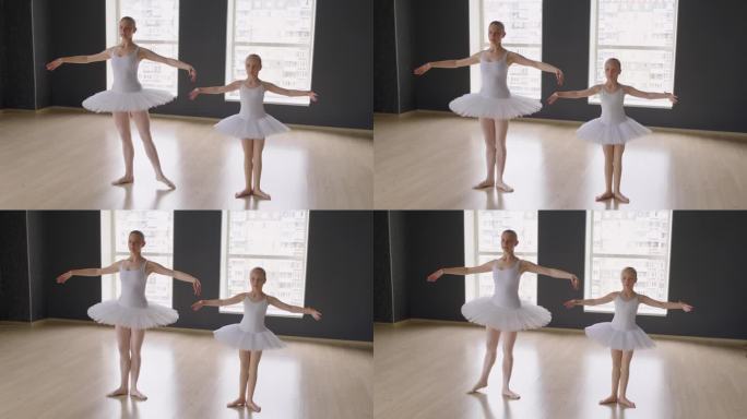 女孩在老师的帮助下学习经典芭蕾动作